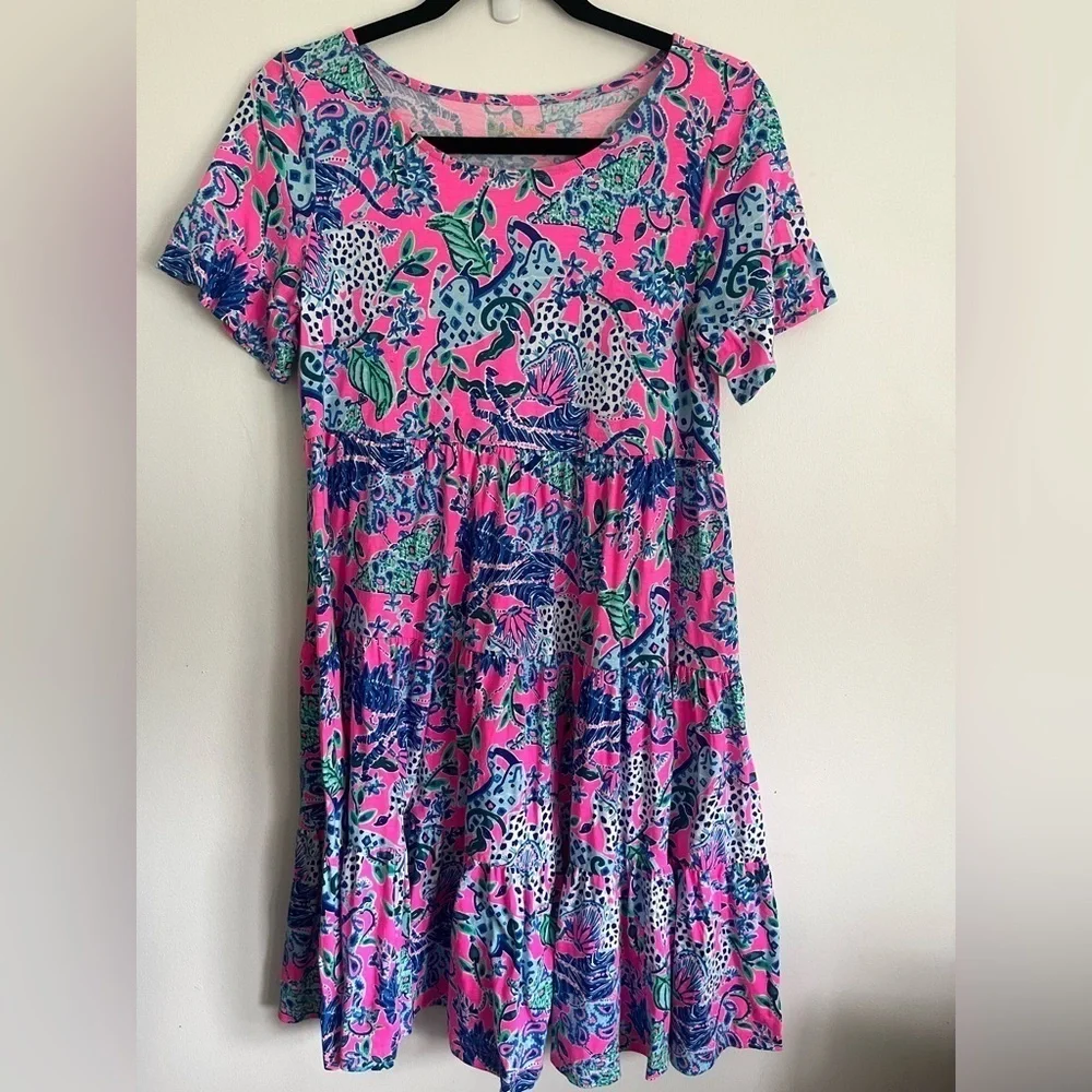 Lilly Pulitzer T-Shirt Jodee Dress Untamed Hearts Leopard Plumeria Blue Small - Picture 1 of 7